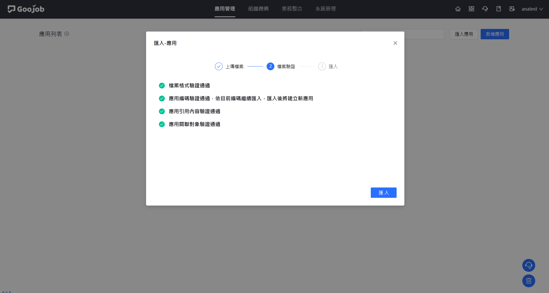 匯入應用驗證通過